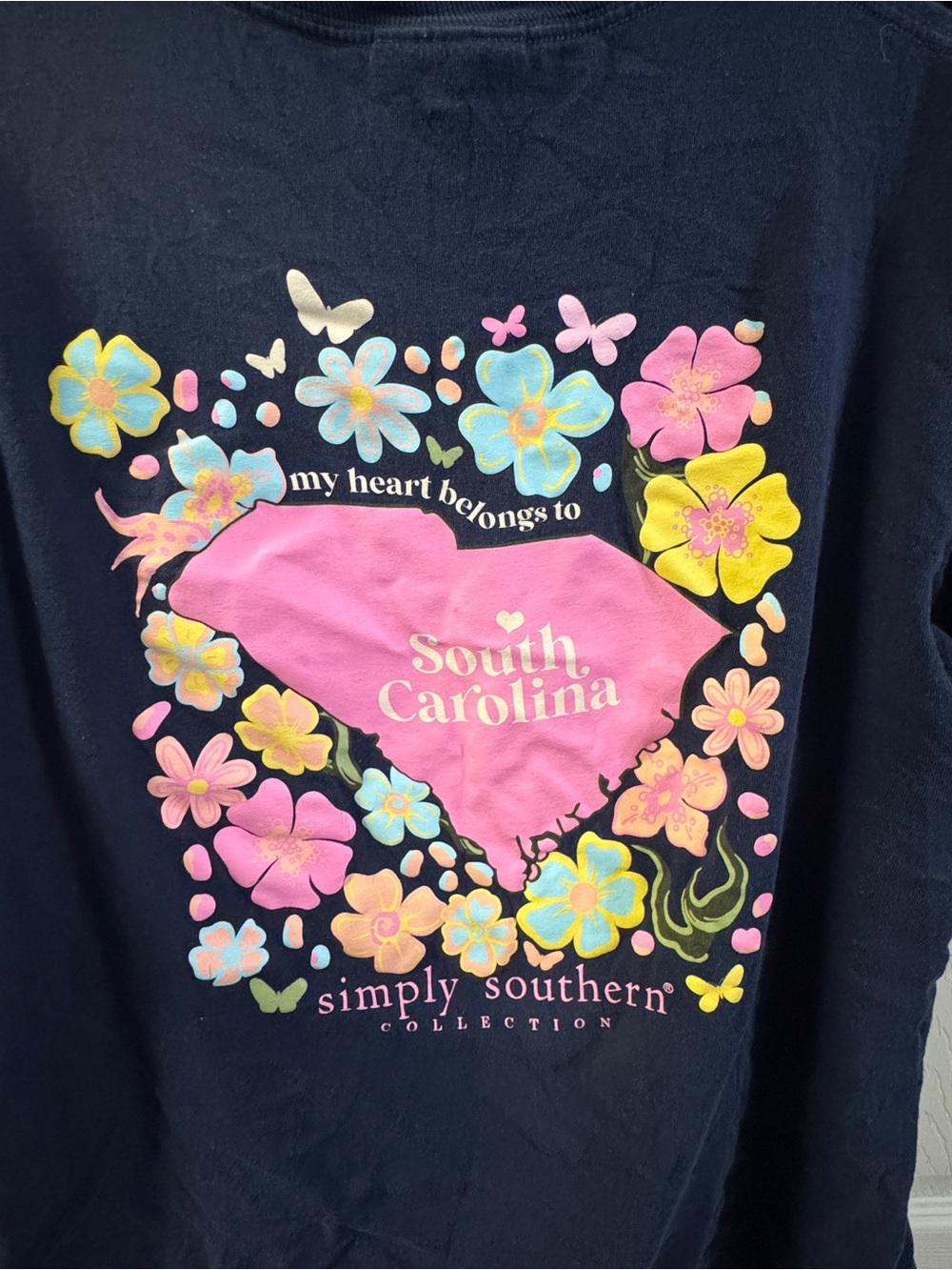 Simply Southern Navy Tee with Pink South Carolina Heart & Floral Accents